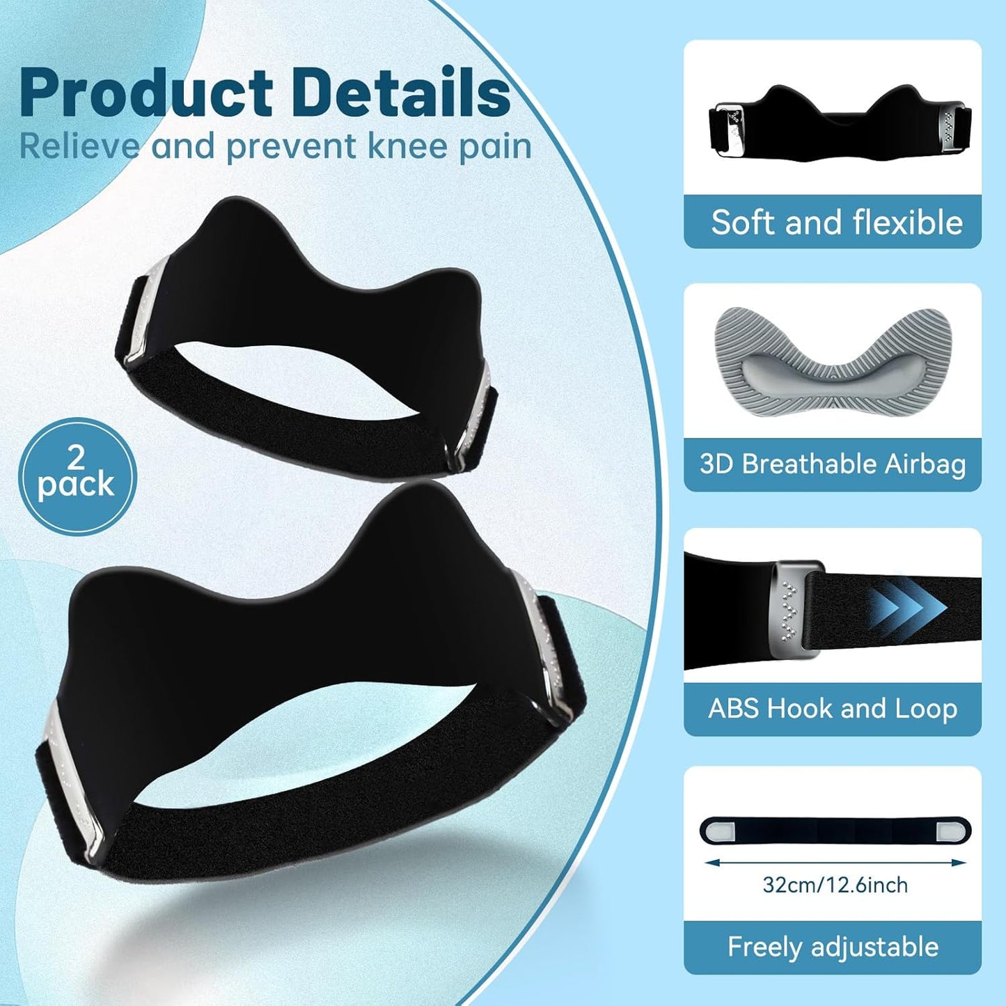 2PCS Silicone Patellar Tendon Support Strap, Adjustable Non-Slipping Patella Knee Brace with 3D Airbag, Multipurpose Patella Band for Ball Sports, Aerobics, and Jogging, Sport Accessories